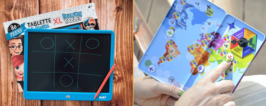 Zabawki i gry do samolotu - tablet i gra magnrtyczna.