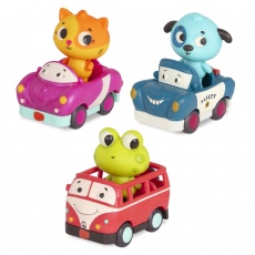 Zestaw 3 miękkich autek sensorycznych z wesołymi pasażerami B. Toys - busik, radiowóz, wyścigówka