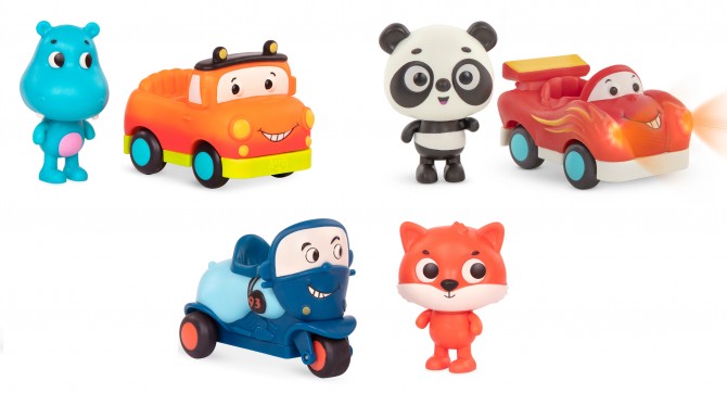 Zestaw 3 miękkich autek sensorycznych z wesołymi pasażerami B. Toys - wyścigówka, motocykl, pick-up