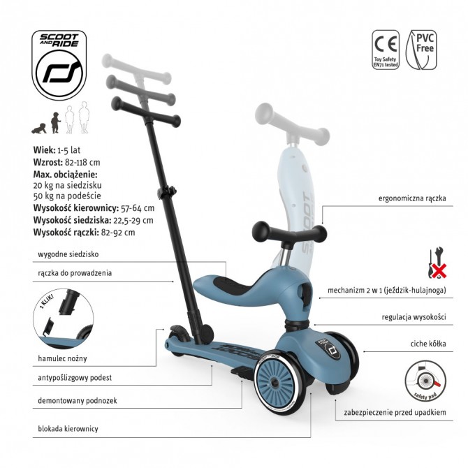 Jeździk i hulajnoga dla dziecvi od roku Scoot w kolorze steel