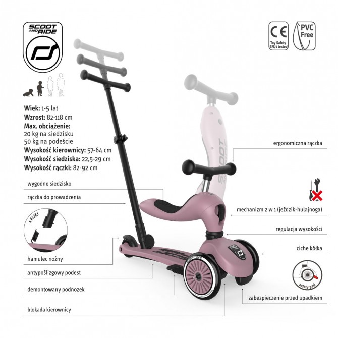 Jeździk i hulajnoga dla dziecvi od roku Scoot w kolorze fioletowym