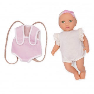 Lalka niemowlę z nosidełkiem LullaBaby - W kremowym ubranku, z koronkowymi falbankami