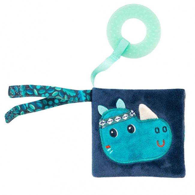 Miękka mini-książeczka wielofunkcyjna z silikonowym gryzakiem Lilliputiens - Nosorożec Marius 6 m+