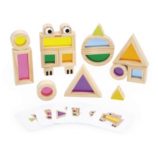 Klocki drewniane przezroczyste kolorowe sensoryczne Janod 12 m+