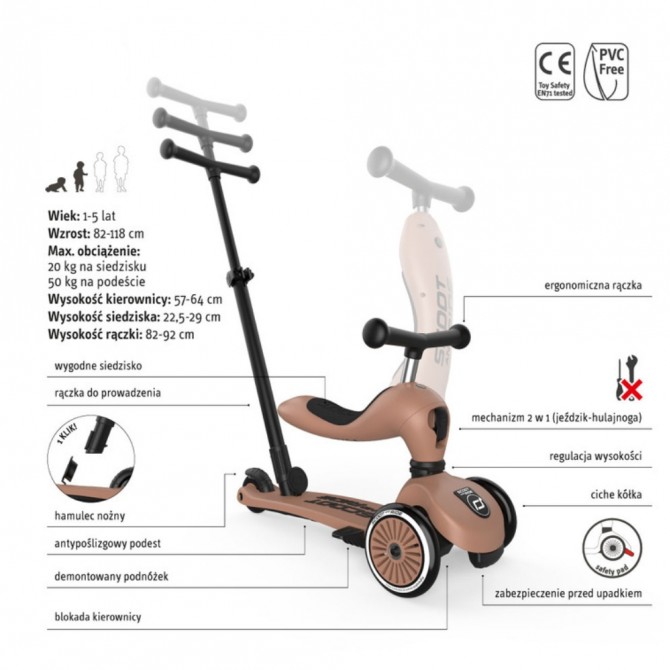 Jeździk i hulajnoga z rączką do prowadzenia Highwaykick 1 Push and Go 2w1 SCOOTANDRIDE 1-5 lat - Mocha