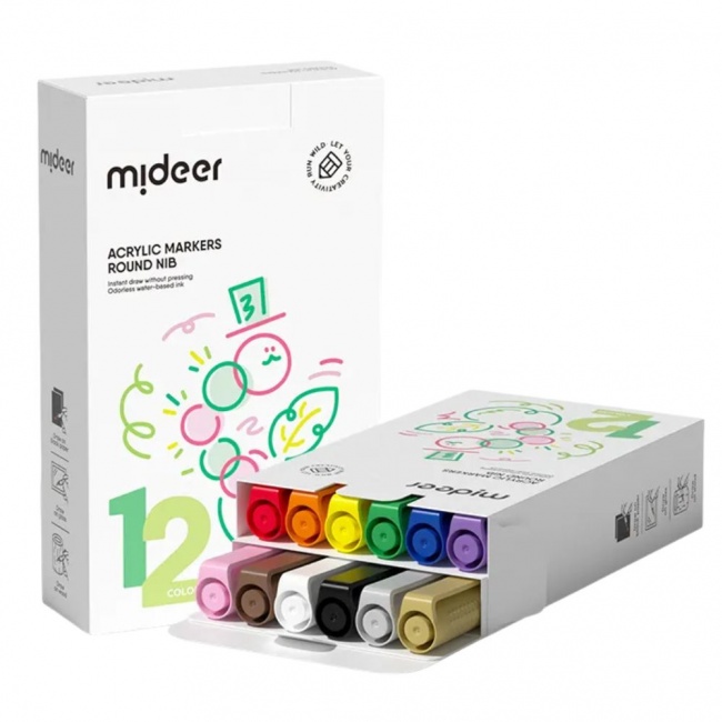 Markery akrylowe z okrągłą końcówką mideer - 12 kolorów