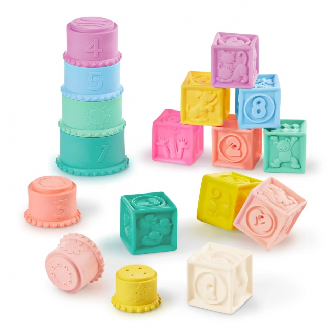 Miękkie kubeczki i klocki sensoryczne 2w1 B. Toys - Stackin’ Squishies 17 el.