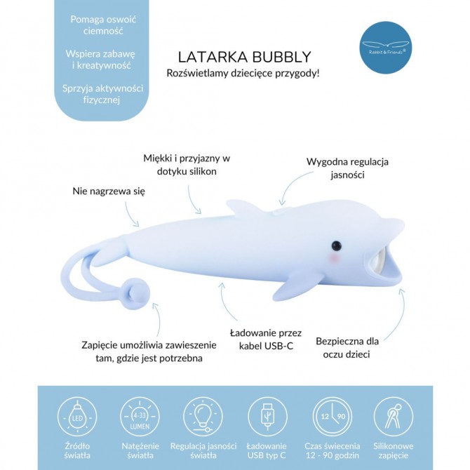 Latarka silikonowa delfin Rabbit & Friends na USB