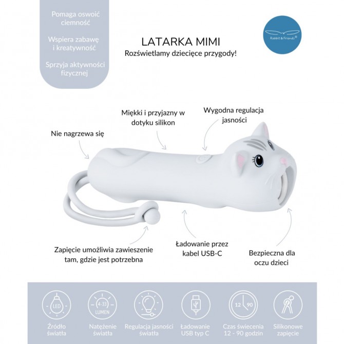 Latarka silikonowa kot Rabbit & Friends na USB