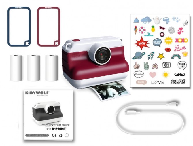 Aparat cyfrowy z drukarką Kidywolf Czerwony w zestawie z naklejkami i rolkami