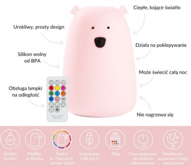 Silikonowa Lampka Nocna z pilotem Rabbit & Friends Miś Różowy na USB