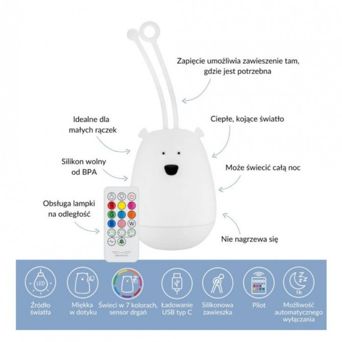 Silikonowa lampka nocna do zawieszania Rabbit & Friends - Miś na USB