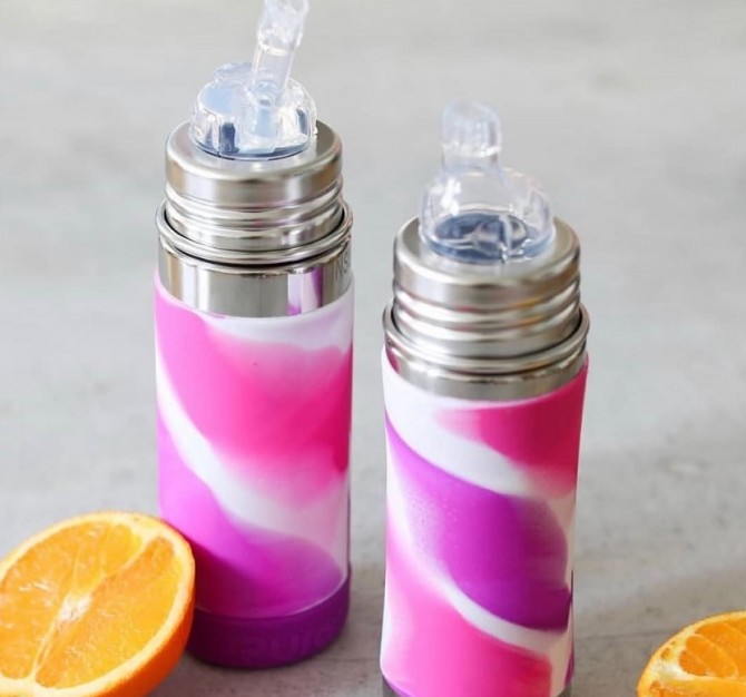 Termobutelka Pura Kiki ze słomką 260ml - różowa osłonka swirl