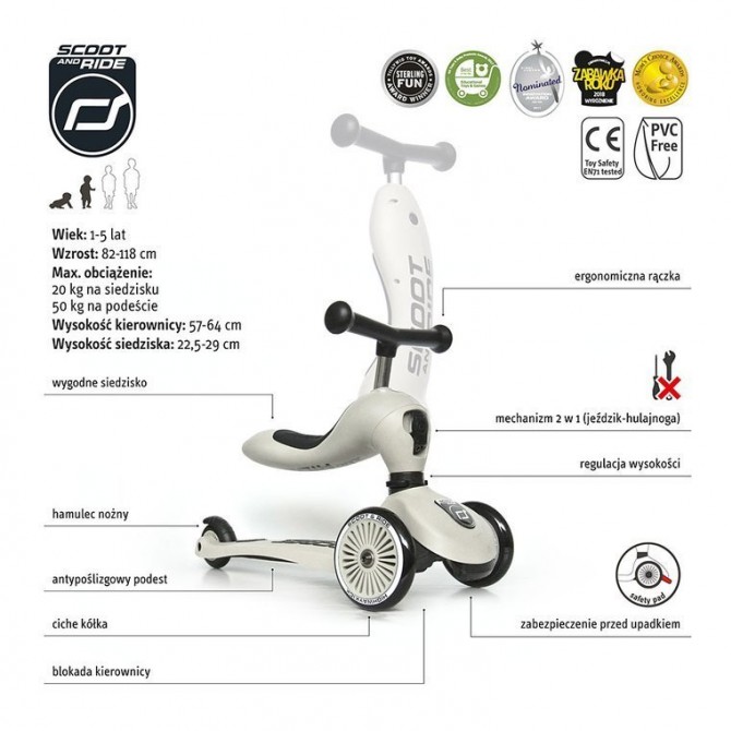 Hulajnoga i rowerek 2w1 Highwaykick SCOOTANDRIDE 1-5 lat - Ash