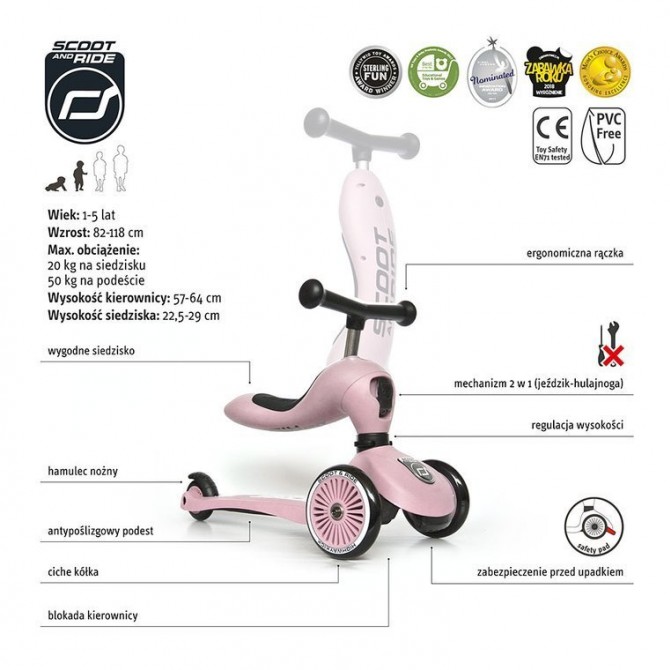 Hulajnoga i rowerek 2w1 Highwaykick SCOOTANDRIDE 1-5 lat - Rose