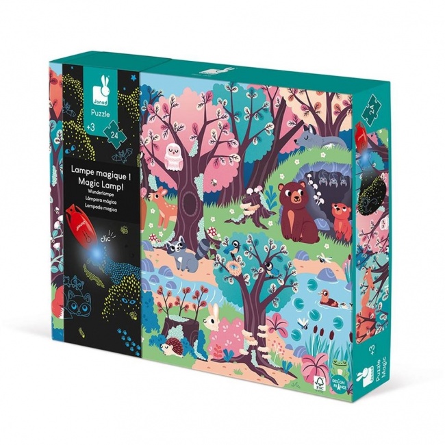 Świecące puzzle z mini-lampką UV Janod - Las 24 elementy 3+