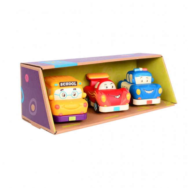 Trzy miękkie autka B. Toys - Wheeeels Mini z radiowozem