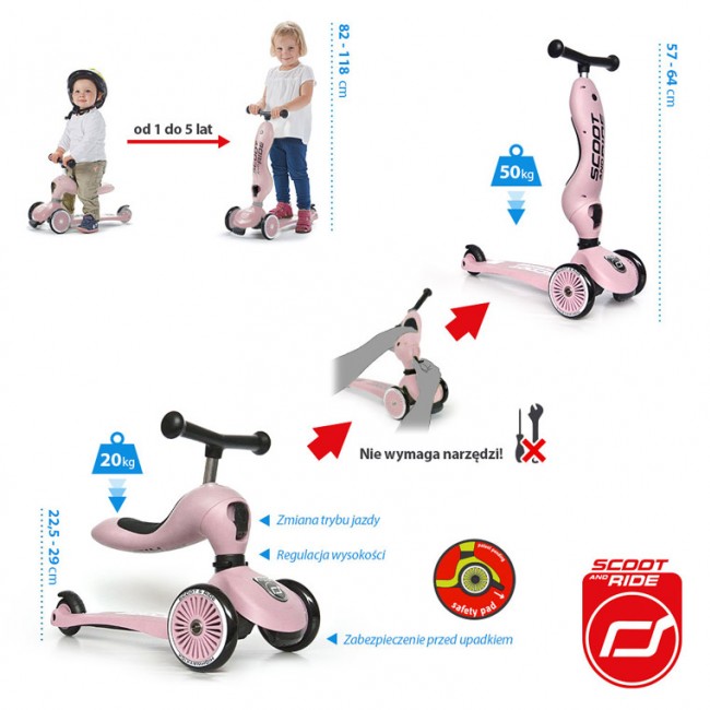 Hulajnoga i rowerek 2w1 Highwaykick SCOOTANDRIDE 1-5 lat - Rose