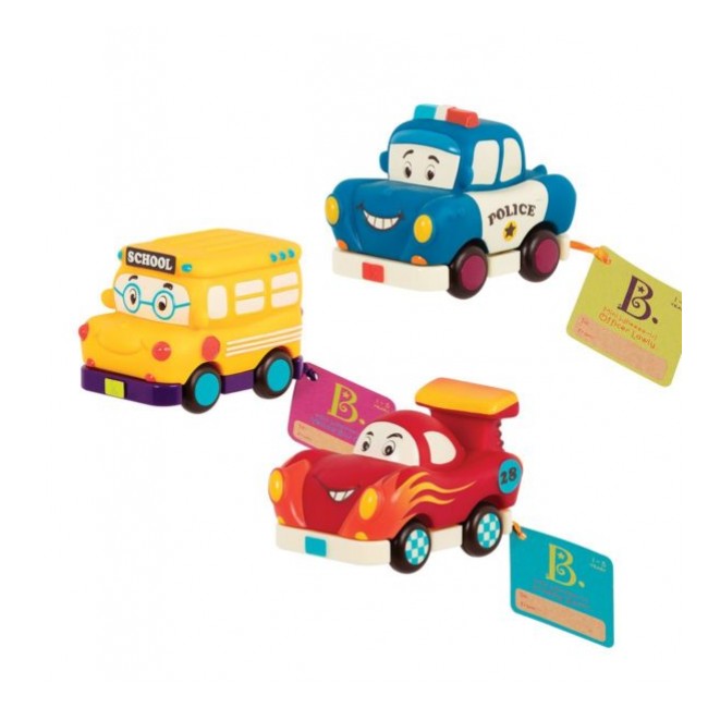 Trzy miękkie autka B. Toys - Wheeeels Mini z busem
