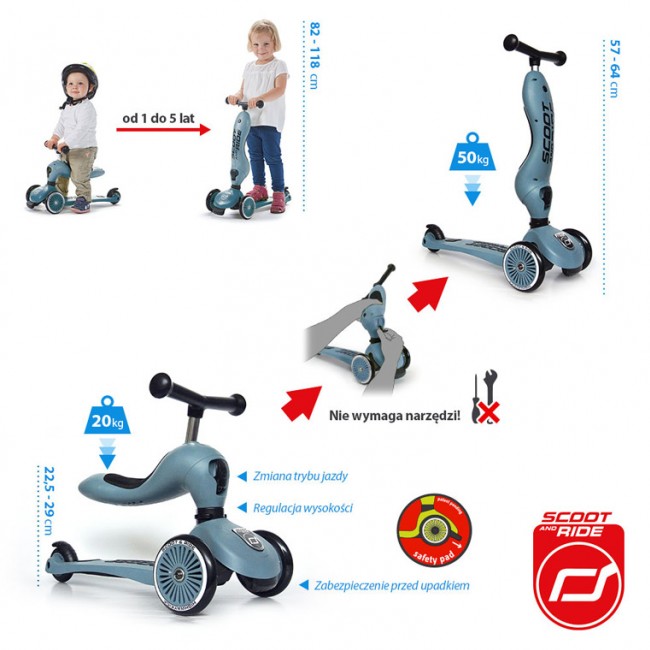 Hulajnoga i rowerek 2w1 Highwaykick SCOOTANDRIDE 1-5 lat - Steel