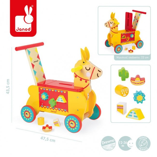Jeździk i pchacz 2 w 1 z sorterem kształtów Janod - Lama