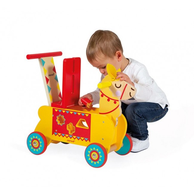 Jeździk i pchacz 2 w 1 z sorterem kształtów Janod - Lama
