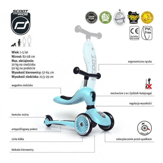 Hulajnoga i rowerek 2w1 Highwaykick SCOOTANDRIDE 1-5 lat - Blueberry