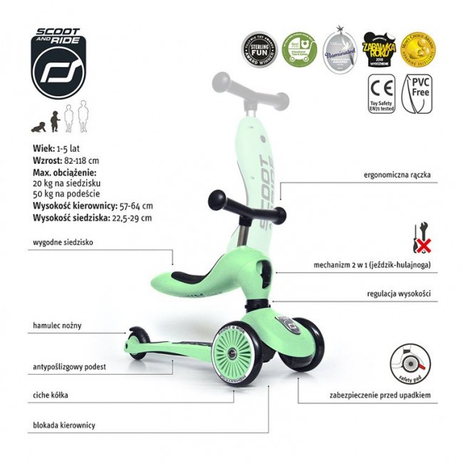 Hulajnoga i rowerek 2w1 Highwaykick SCOOTANDRIDE 1-5 lat - Kiwi