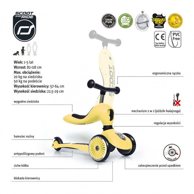 Hulajnoga i rowerek 2w1 Highwaykick SCOOTANDRIDE 1-5 lat - Lemon