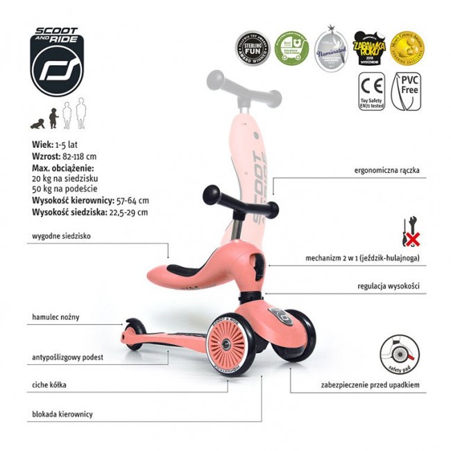 Hulajnoga i rowerek 2w1 Highwaykick SCOOTANDRIDE 1-5 lat - Peach