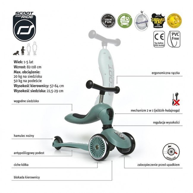 Hulajnoga i rowerek 2w1 Highwaykick SCOOTANDRIDE 1-5 lat - Forest