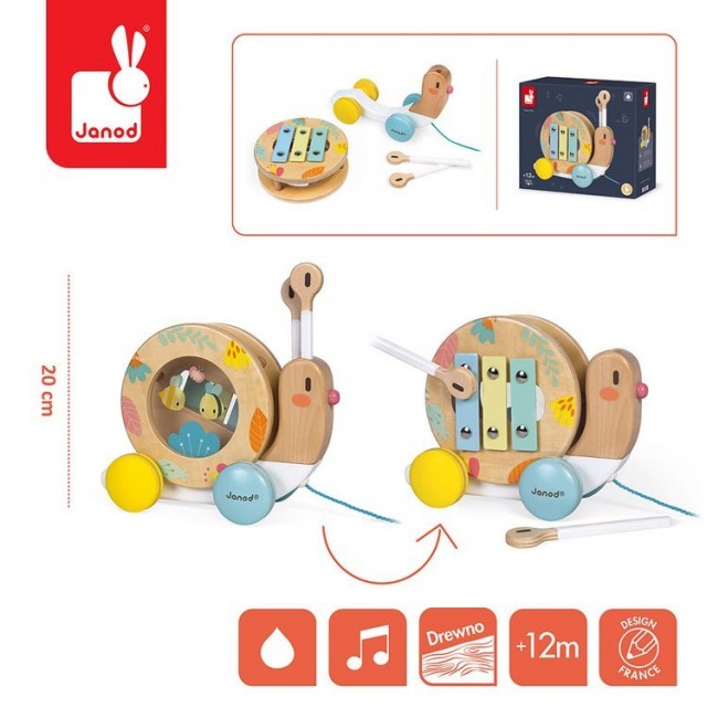 Drewniany ślimak do ciągnięcia z cymbałkami i bębenkiem Janod - Pure