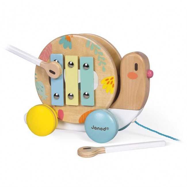 Drewniany ślimak do ciągnięcia z cymbałkami i bębenkiem Janod - Pure
