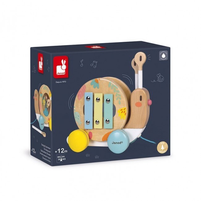 Drewniany ślimak do ciągnięcia z cymbałkami i bębenkiem Janod - Pure