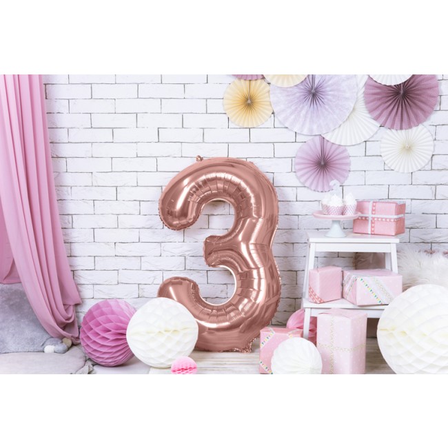 Balon foliowy Party Deco 86 cm - Cyfra 3 różowe złoto
