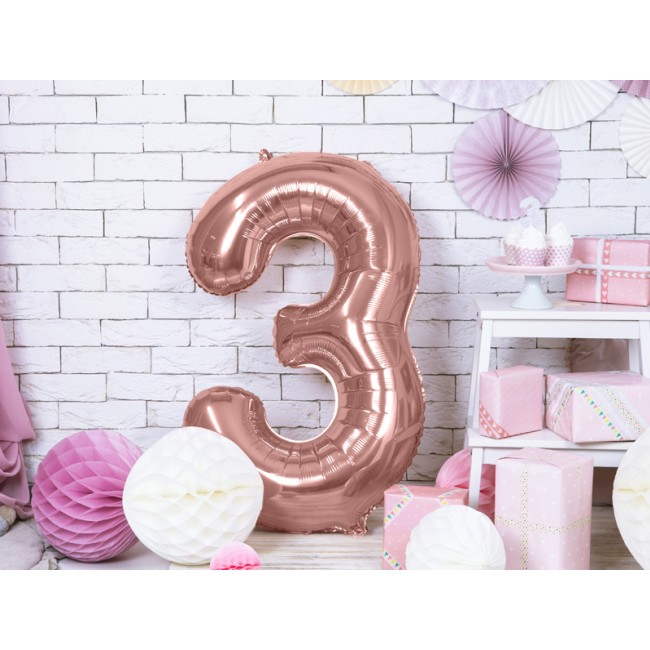 Balon foliowy Party Deco 86 cm - Cyfra 3 różowe złoto
