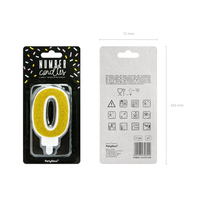 Świeczka urodzinowa Party Deco 7 cm - Cyferka 0 złoty