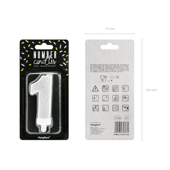 Świeczka urodzinowa Party Deco 7 cm - Cyferka 1 srebrny