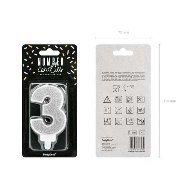 Świeczka urodzinowa Party Deco 7 cm - Cyferka 3 srebrny