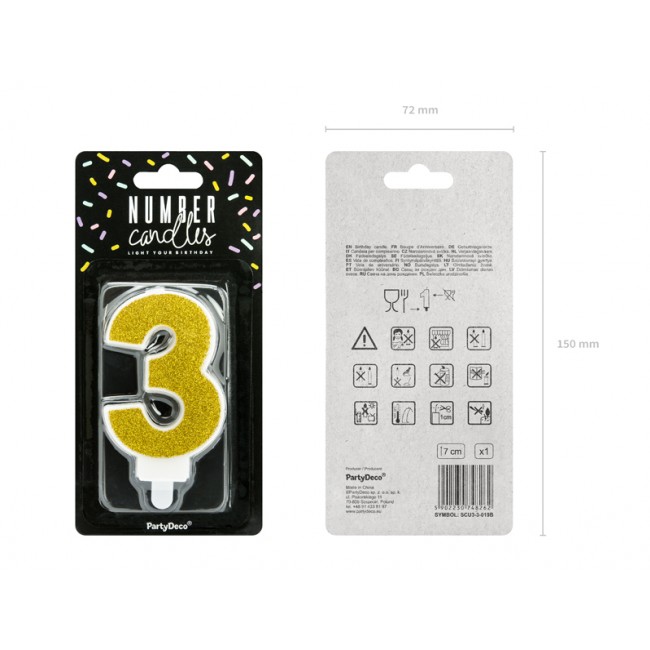 Świeczka urodzinowa Party Deco 7 cm - Cyferka 3 złoty