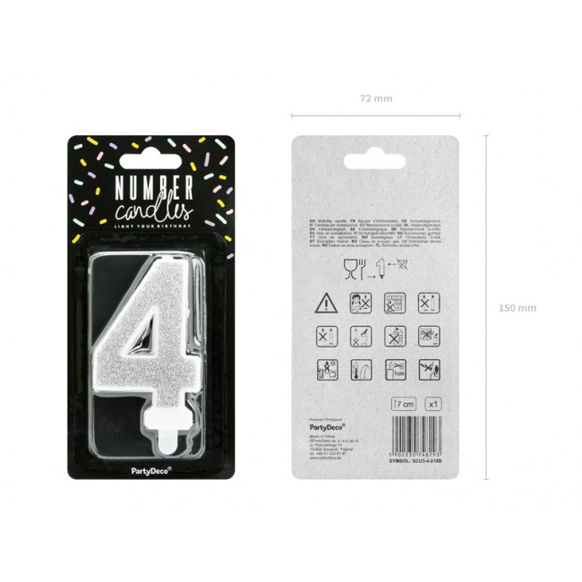 Świeczka urodzinowa Party Deco 7 cm - Cyferka 4 srebrny
