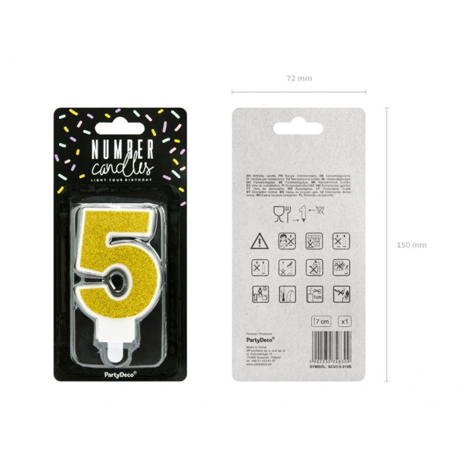 Świeczka urodzinowa Party Deco 7 cm - Cyferka 5 złoty