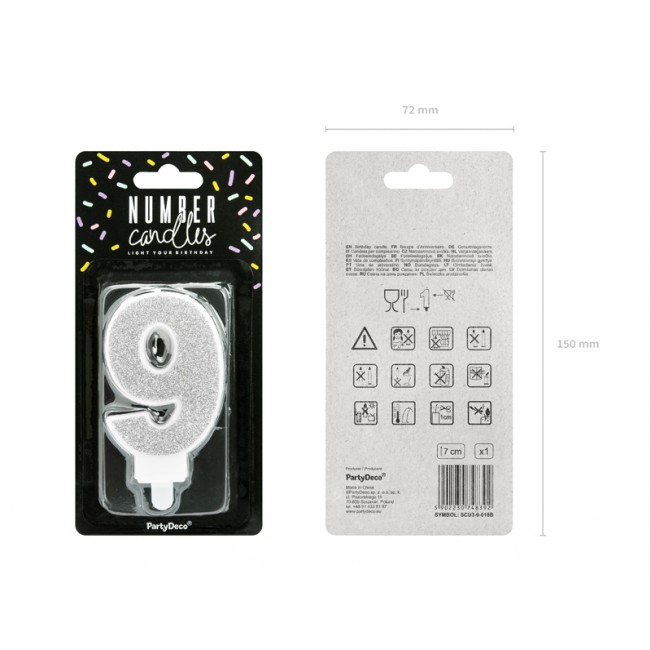 Świeczka urodzinowa Party Deco 7 cm - Cyferka 9 srebrny