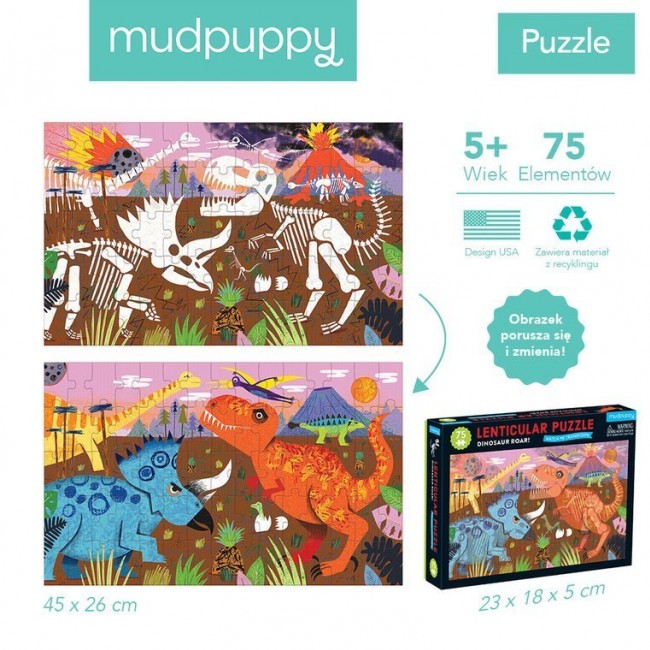 Puzzle soczewkowe 75 elementów z ruchomym obrazkiem 3D Mudpuppy - Dinozaury
