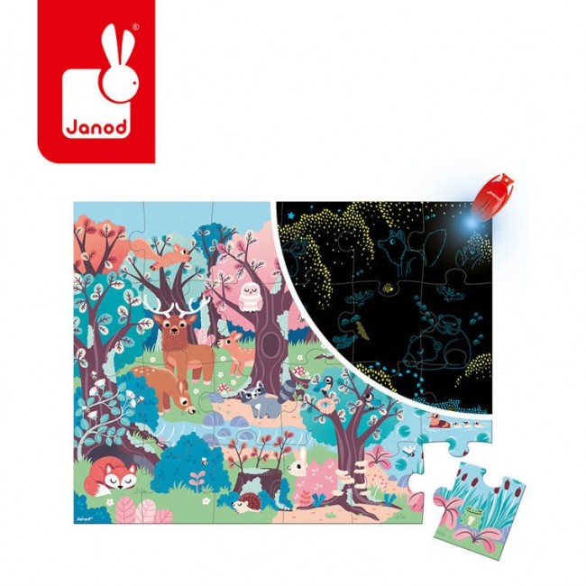 Świecące puzzle z mini-lampką UV Janod - Las 24 elementy 3+