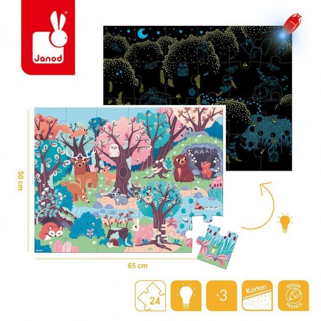 Świecące puzzle z mini-lampką UV Janod - Las 24 elementy 3+