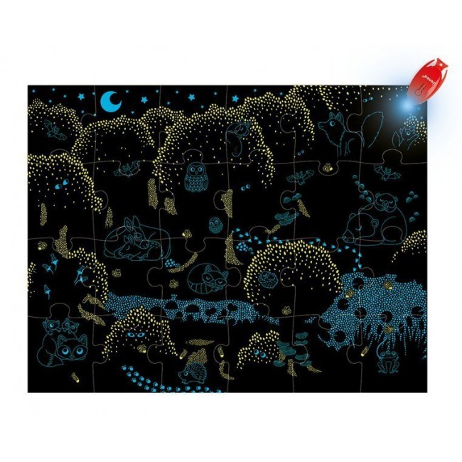 Świecące puzzle z mini-lampką UV Janod - Las 24 elementy 3+