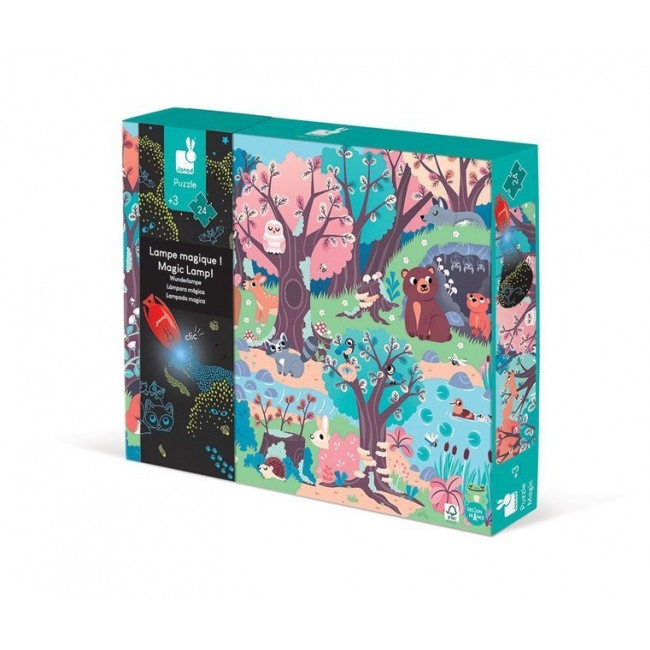 Świecące puzzle z mini-lampką UV Janod - Las 24 elementy 3+