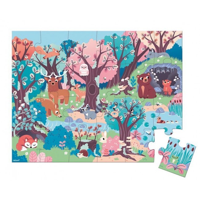 Świecące puzzle z mini-lampką UV Janod - Las 24 elementy 3+