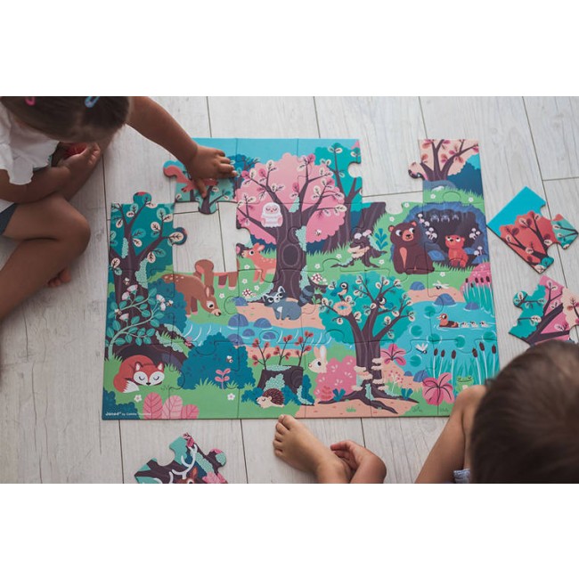 Świecące puzzle z mini-lampką UV Janod - Las 24 elementy 3+